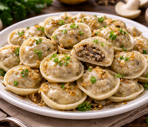 Постные пельмени с грибами
